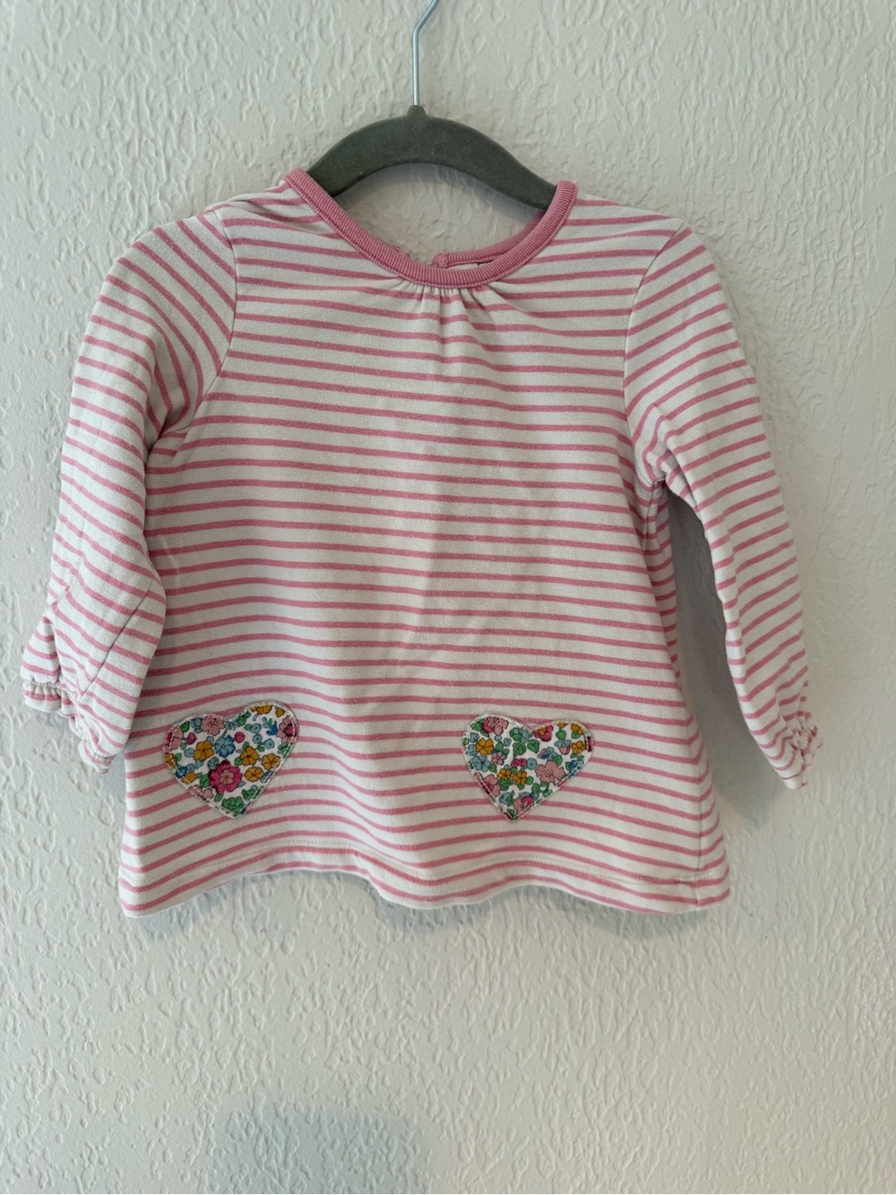 Baby Boden Pink & White Striped Long-Sleeve Top with Floral Heart Patches
